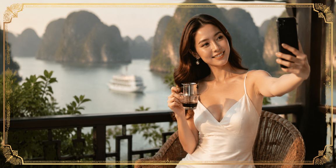 Người dùng xem thông tin cashback và bonus tại quán cà phê ven vịnh Hạ Long