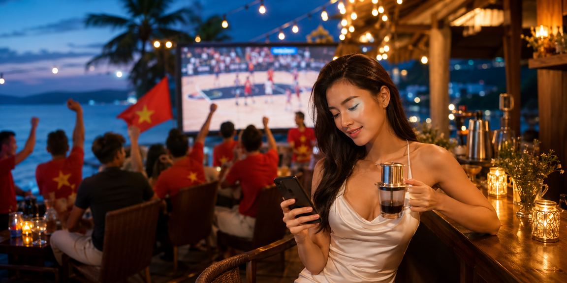 Người dùng Phú Quốc theo dõi cược bóng rổ và kiểm tra giao dịch trên điện thoại tại quán cà phê