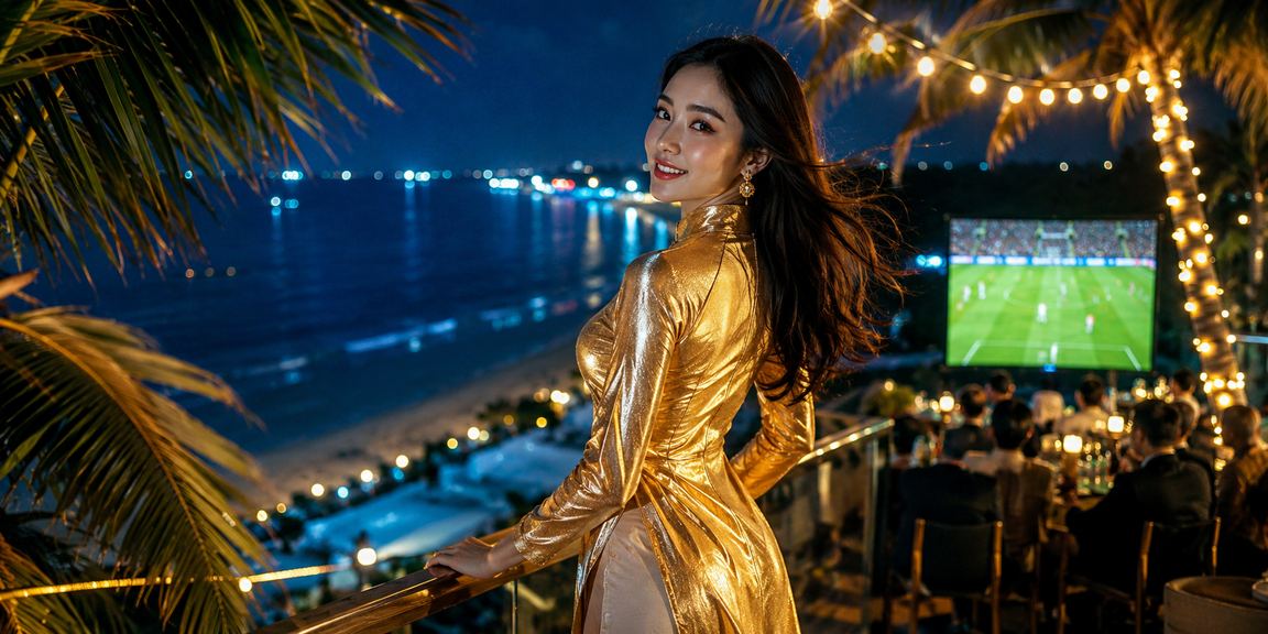 Người hâm mộ bóng đá mặc áo dài xem trận đấu trực tiếp tại Phú Quốc buổi tối